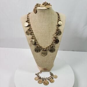 Vintage Faux Coin Charms on Necklace Bracelet Earrings Gold Tone